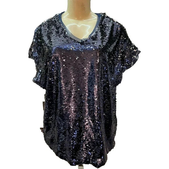 Roaman's 16W Navy Blue Metallic Changing Sequin V-Neck Lined Short Sleeve Blouse - Picture 2 of 5